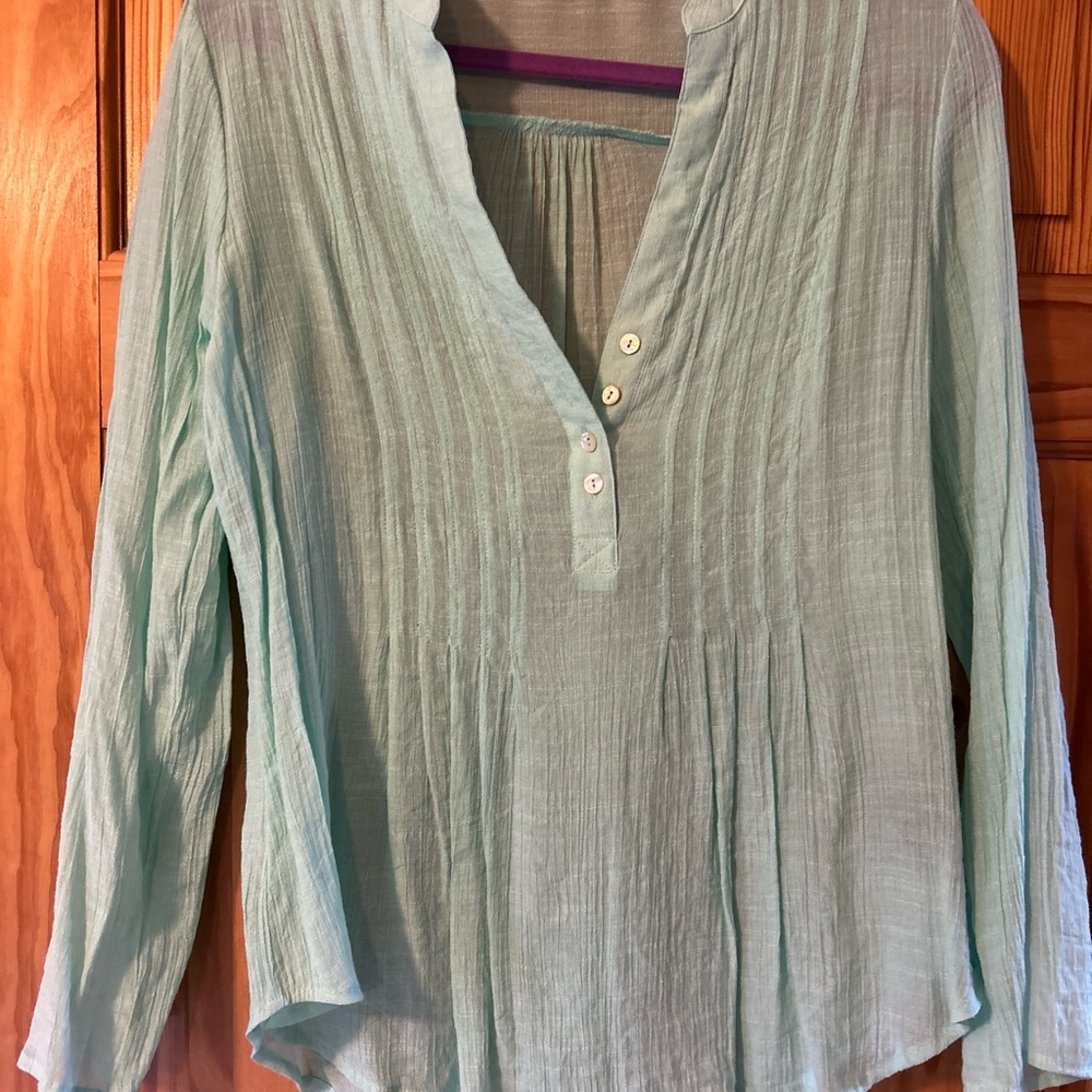 Zac & Rachel Green Pleated Blouse with Mandarin Collar